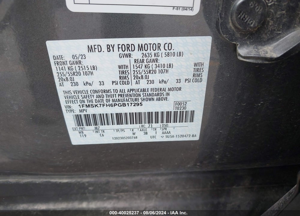2023 FORD EXPLORER LIMITED VIN: 1FMSK7FH6PGB17295