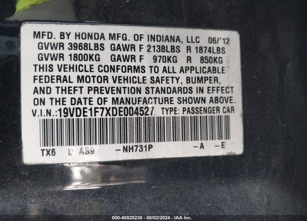 2013 ACURA ILX 2.0L VIN: 19VDE1F7XDE004527