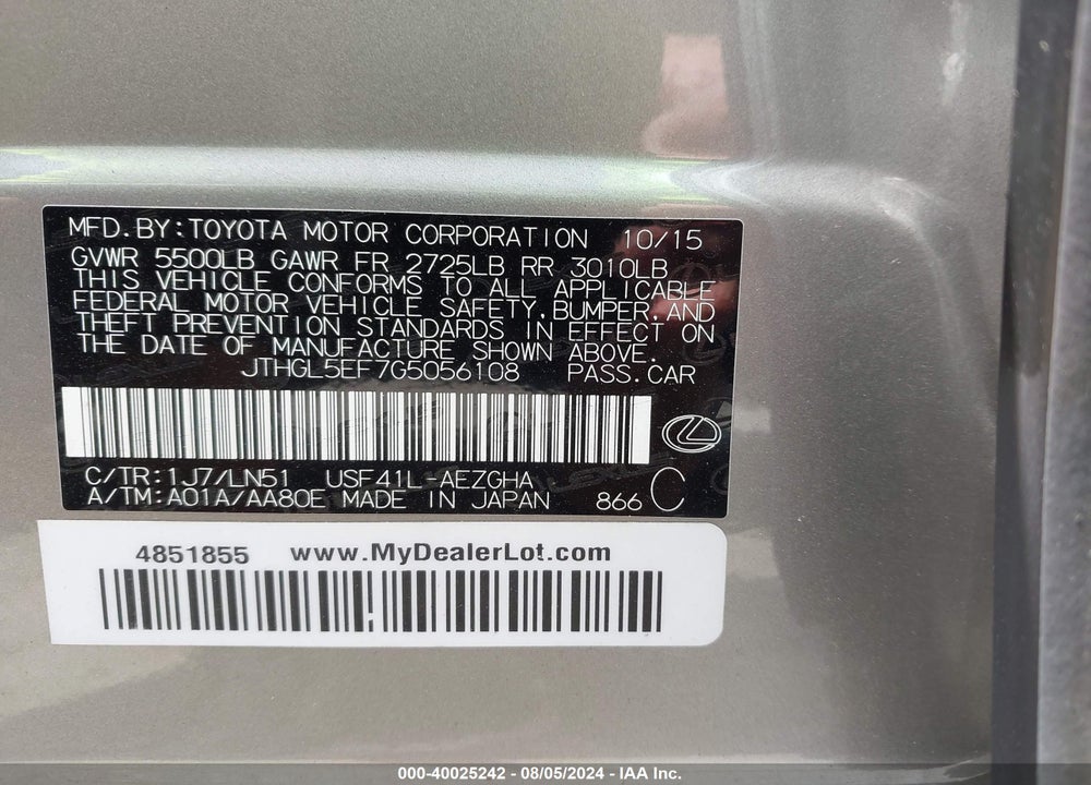 2016 LEXUS LS 460 L VIN: JTHGL5EF7G5056108