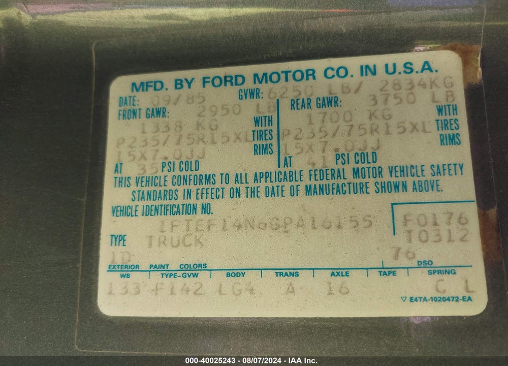 1986 FORD F150 VIN: 1FTEF14N6GPA16155