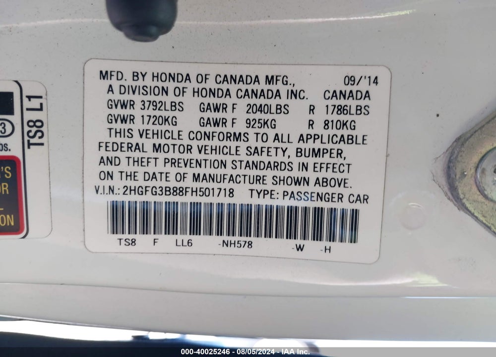 2015 HONDA CIVIC EX VIN: 2HGFG3B88FH501718