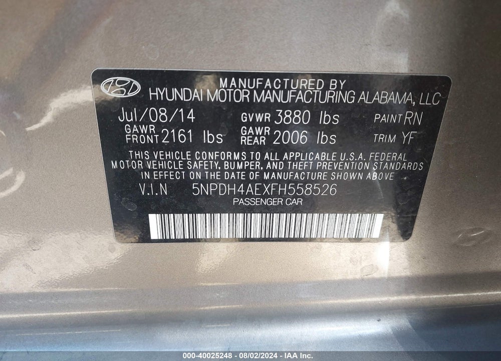 2015 HYUNDAI ELANTRA SE VIN: 5NPDH4AEXFH558526