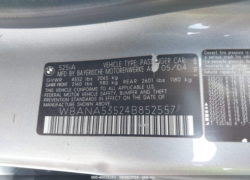 2004 BMW 525I VIN: WBANA53524B852557