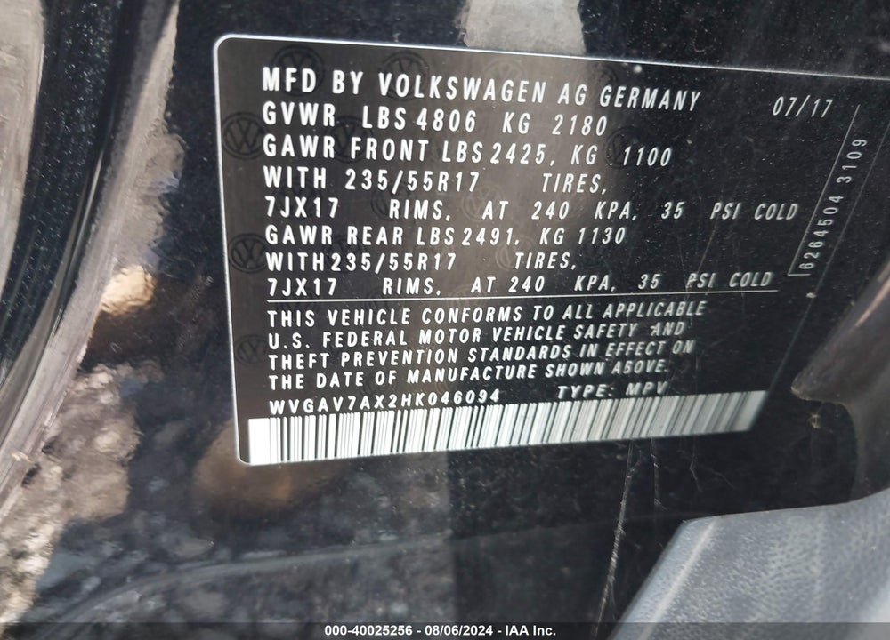 2017 VOLKSWAGEN TIGUAN 2.0T/2.0T S VIN: WVGAV7AX2HK046094