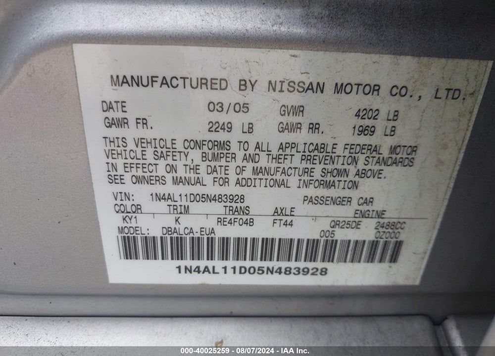 2005 NISSAN ALTIMA 2.5 S VIN: 1N4AL11D05N483928