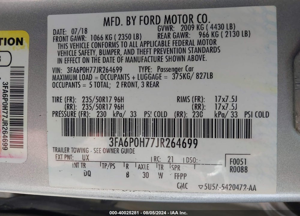 2018 FORD FUSION SE VIN: 3FA6P0H77JR264699