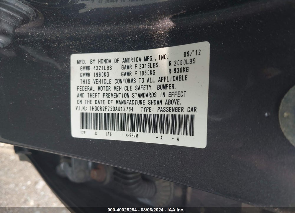2013 HONDA ACCORD EX VIN: 1HGCR2F72DA012784