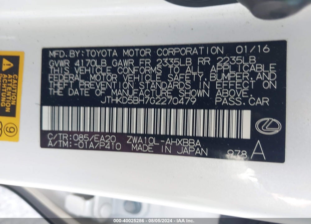 2016 LEXUS CT 200H VIN: JTHKD5BH7G2270479