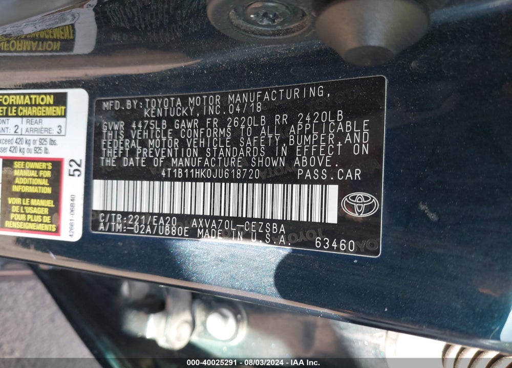 2018 TOYOTA CAMRY SE VIN: 4T1B11HK0JU618720