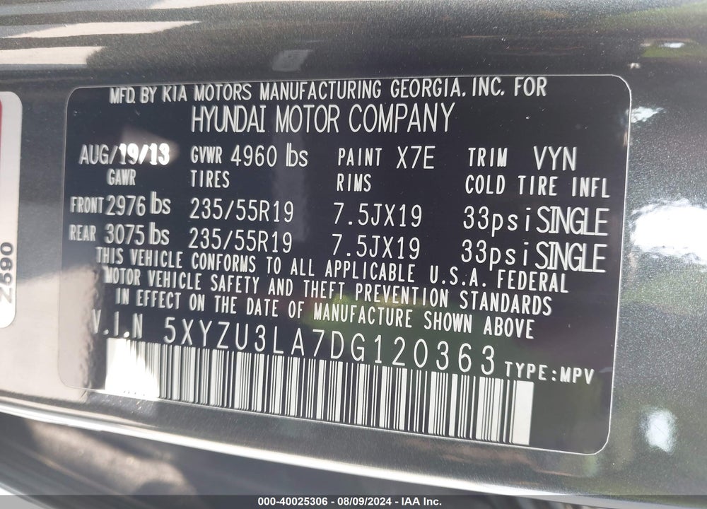 2013 HYUNDAI SANTA FE SPORT 2.0T VIN: 5XYZU3LA7DG120363