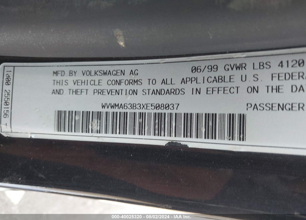 1999 VOLKSWAGEN PASSAT GLS VIN: WVWMA63B3XE508037