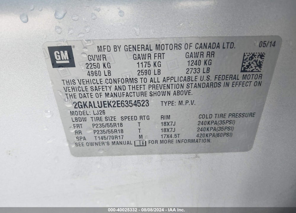 2014 GMC TERRAIN DENALI VIN: 2GKALUEK2E6354523