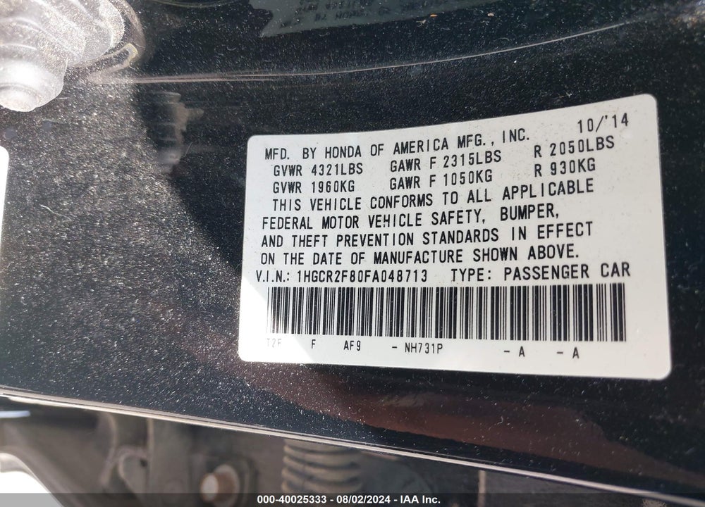 2015 HONDA ACCORD VIN: 1HGCR2F80FA048713