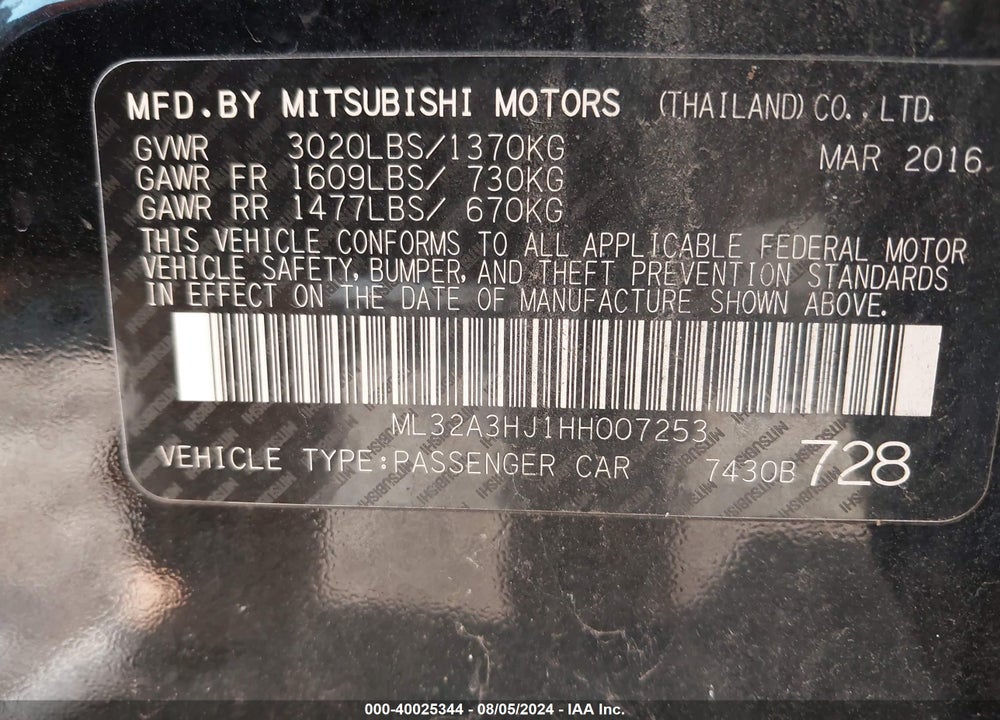 2017 MITSUBISHI MIRAGE ES VIN: ML32A3HJ1HH007253