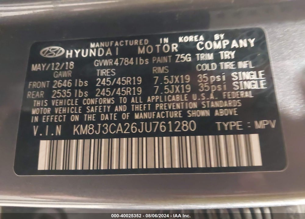 2018 HYUNDAI TUCSON LIMITED VIN: KM8J3CA26JU761280