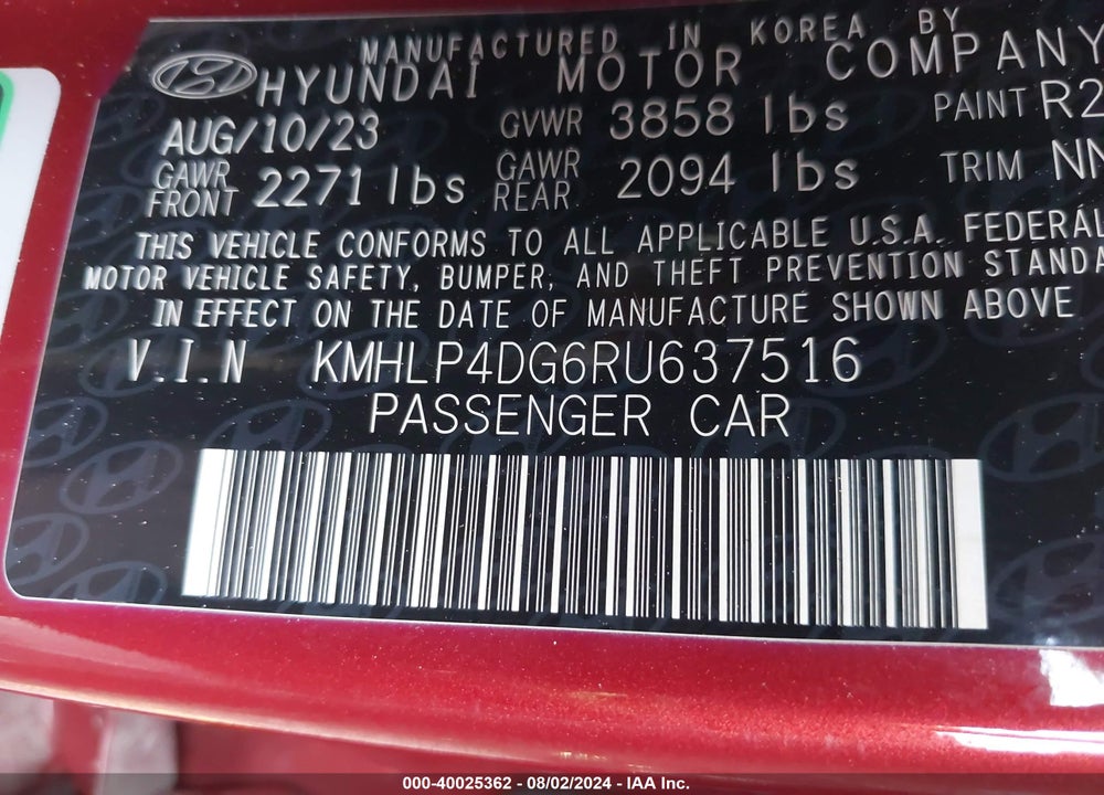 2024 HYUNDAI ELANTRA LIMITED VIN: KMHLP4DG6RU637516