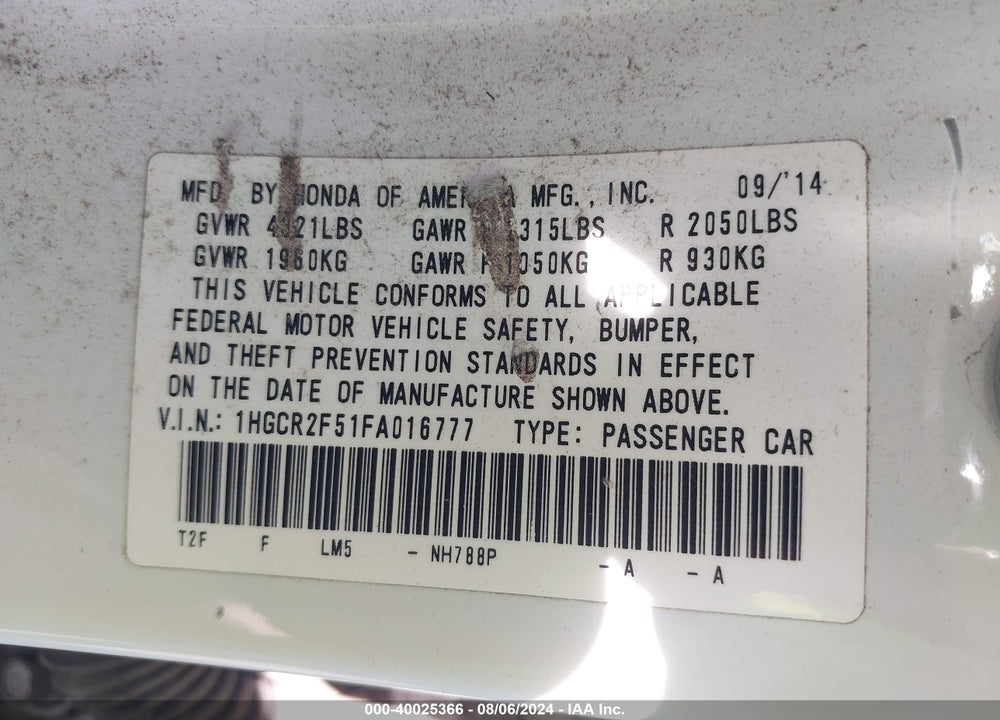 2015 HONDA ACCORD SPORT VIN: 1HGCR2F51FA016777