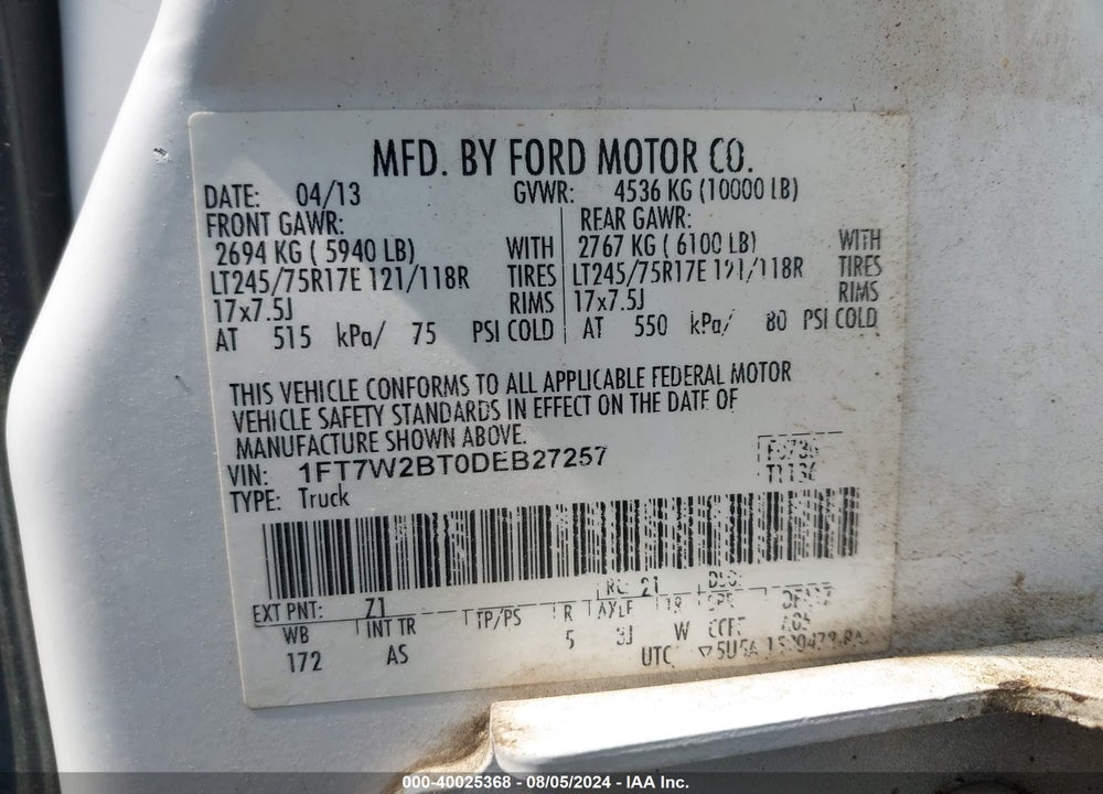 2013 FORD F-250 XL VIN: 1FT7W2BT0DEB27257