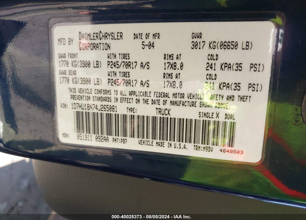 2004 DODGE RAM 1500 SLT/LARAMIE VIN: 1D7HU18N74J265081
