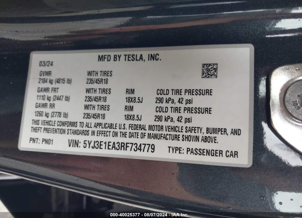 2024 TESLA MODEL 3 REAR-WHEEL DRIVE VIN: 5YJ3E1EA3RF734779