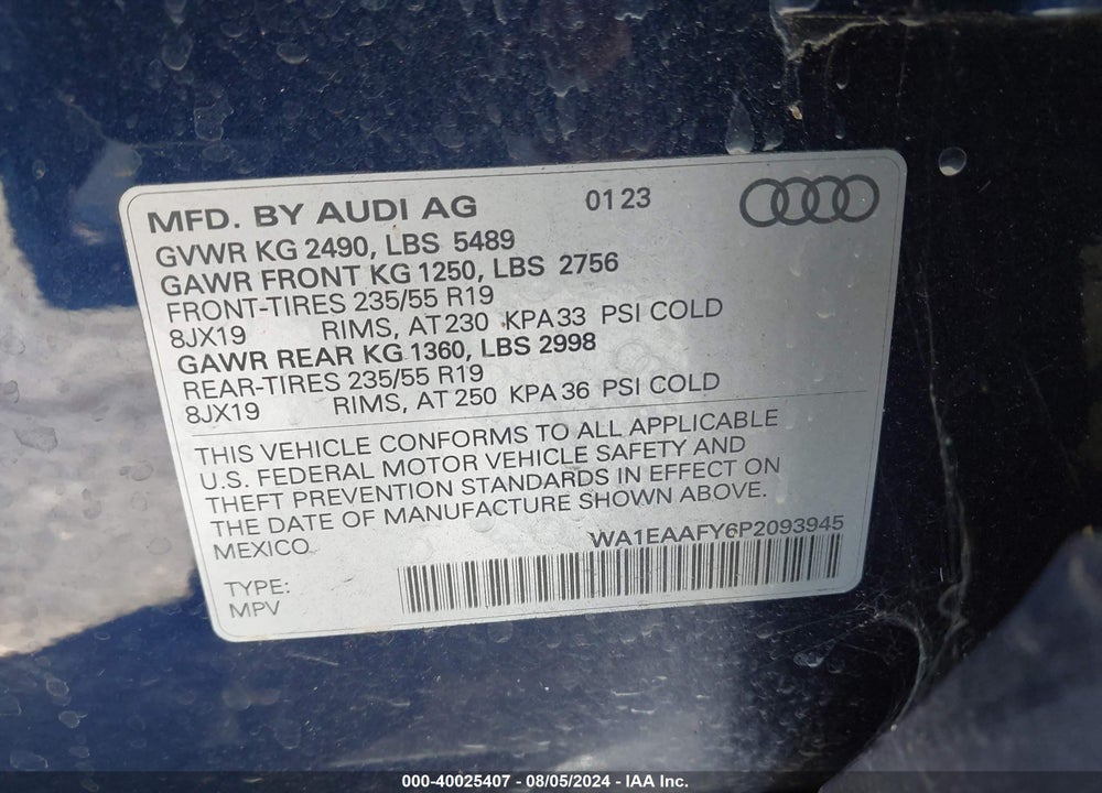 2023 AUDI Q5 PREMIUM PLUS 45 TFSI S LINE QUATTRO VIN: WA1EAAFY6P2093945