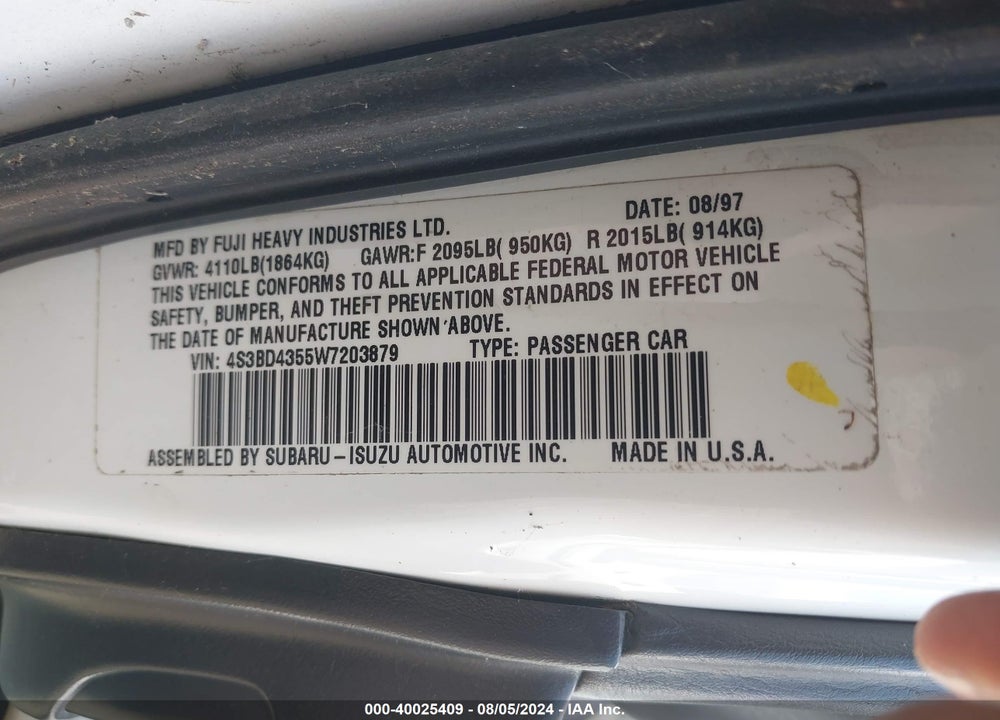 1998 SUBARU LEGACY L VIN: 4S3BD4355W7203879