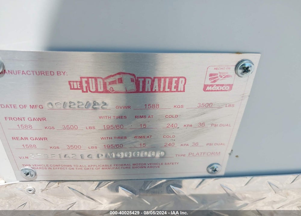 2022 FUD TRAILERS TRAILER VIN: 3F9F1A214PM066080
