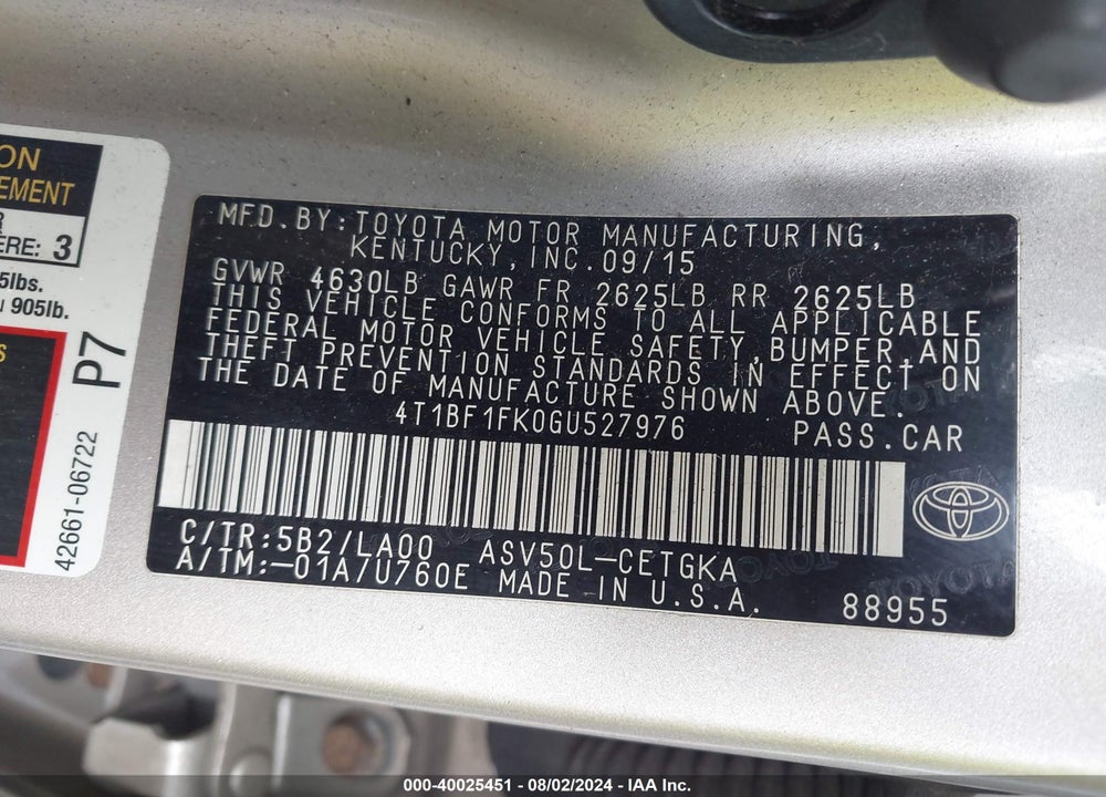 2016 TOYOTA CAMRY XLE VIN: 4T1BF1FK0GU527976