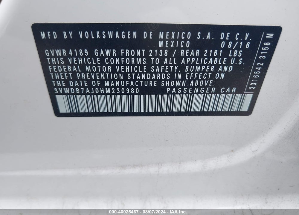 2017 VOLKSWAGEN JETTA 1.4T SE VIN: 3VWDB7AJ0HM230980