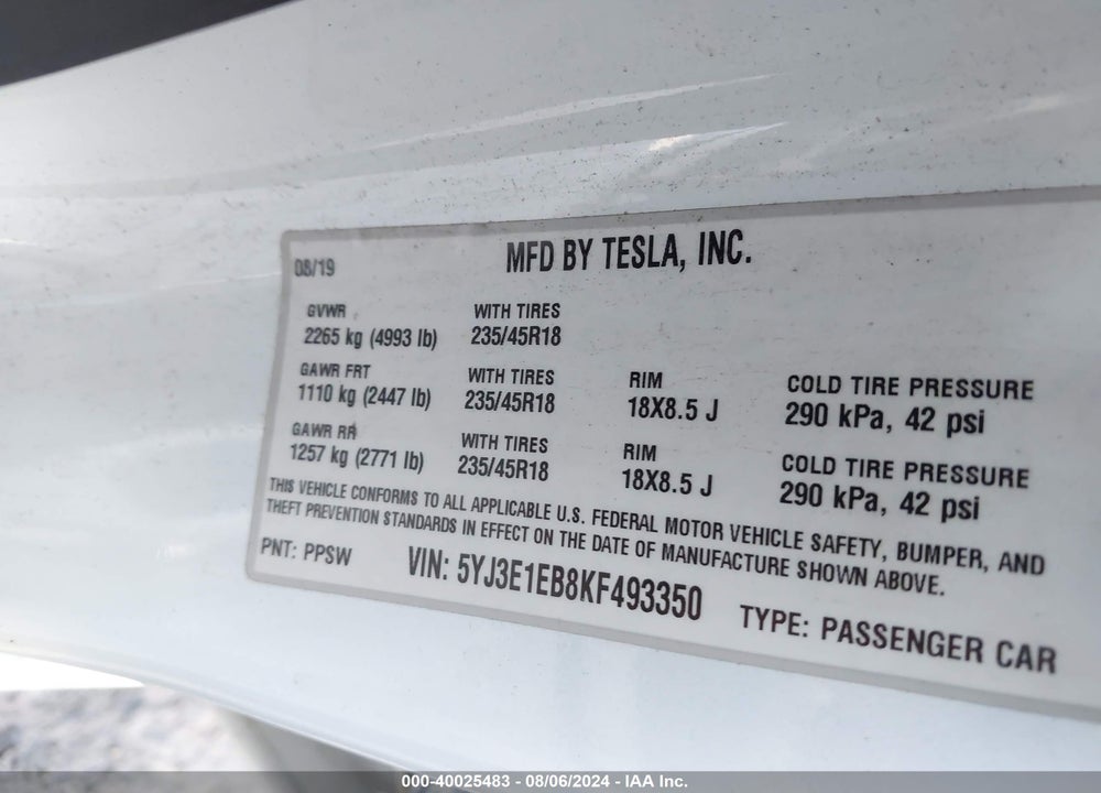 2019 TESLA MODEL 3 LONG RANGE/PERFORMANCE VIN: 5YJ3E1EB8KF493350