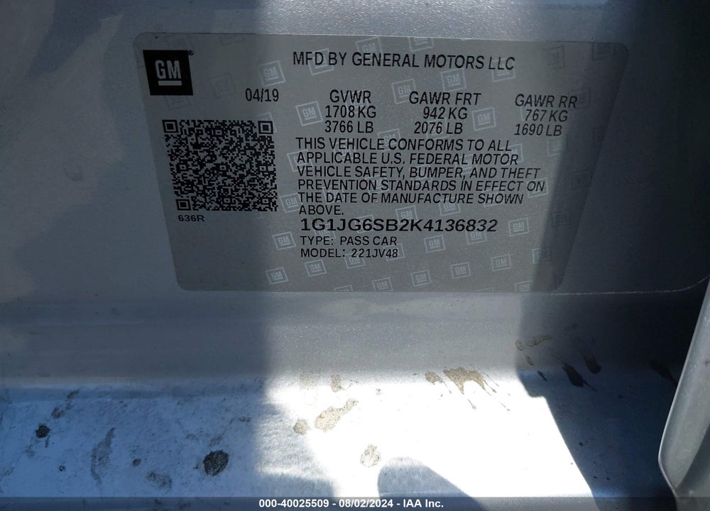 2019 CHEVROLET SONIC LT AUTO VIN: 1G1JG6SB2K4136832