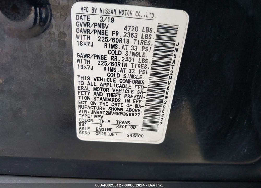 2019 NISSAN ROGUE SV VIN: JN8AT2MV6KW396677