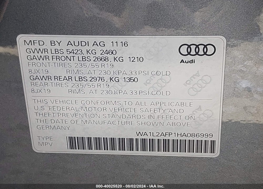 2017 AUDI Q5 2.0T PREMIUM VIN: WA1L2AFP1HA086999