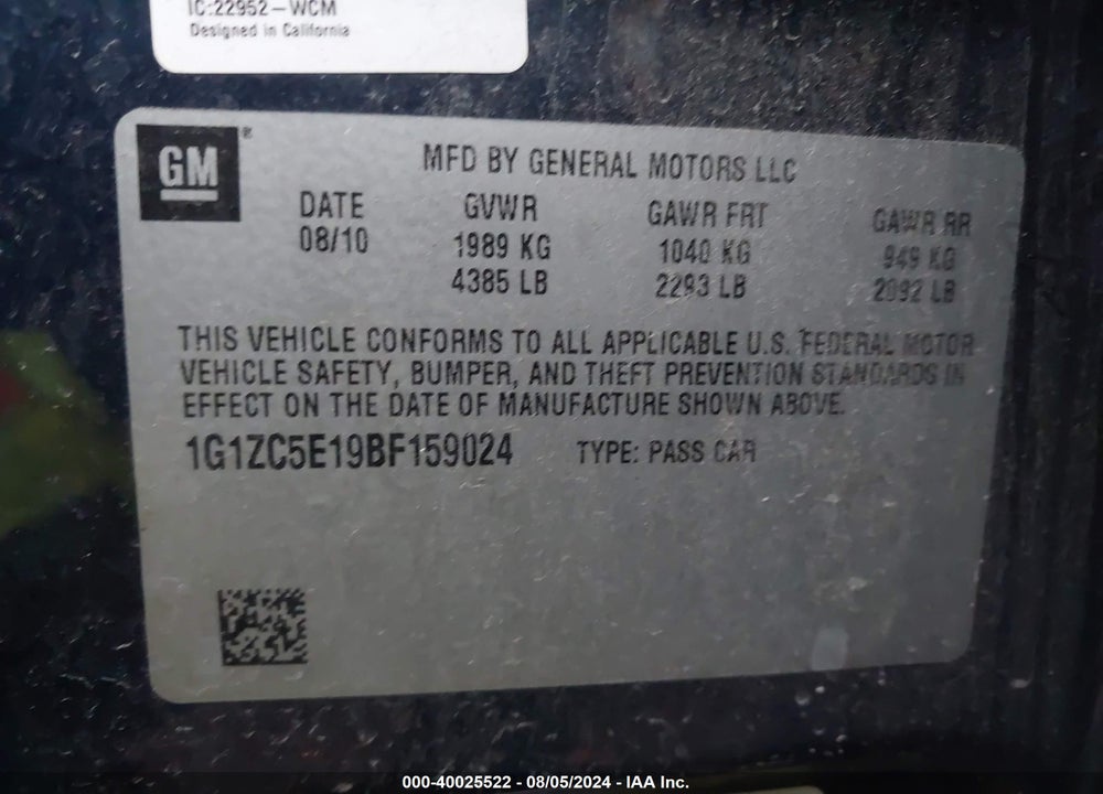 2011 CHEVROLET MALIBU 1LT VIN: 1G1ZC5E19BF159024
