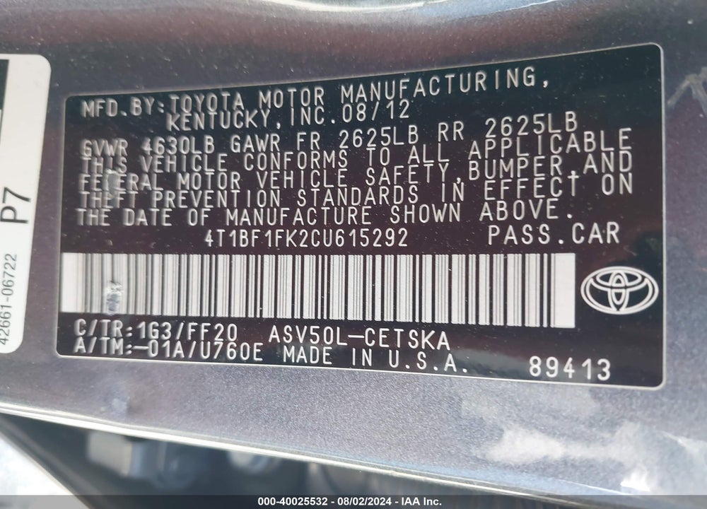 2012 TOYOTA CAMRY SE VIN: 4T1BF1FK2CU615292