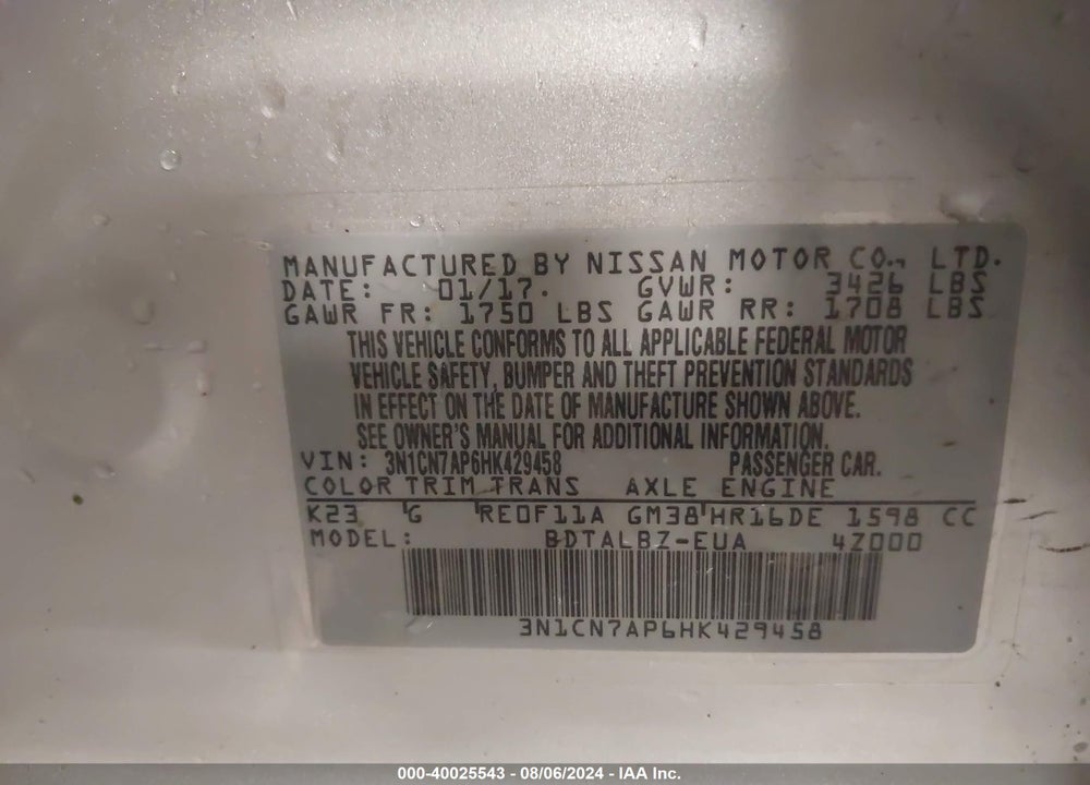 2017 NISSAN VERSA 1.6 SV VIN: 3N1CN7AP6HK429458