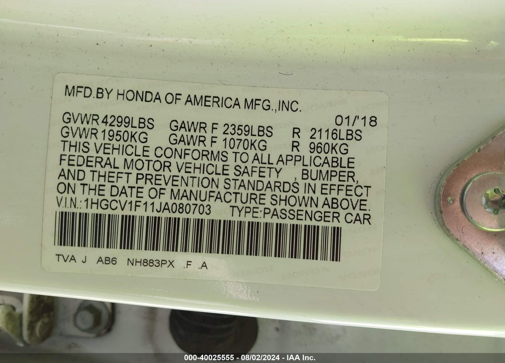 2018 HONDA ACCORD LX VIN: 1HGCV1F11JA080703