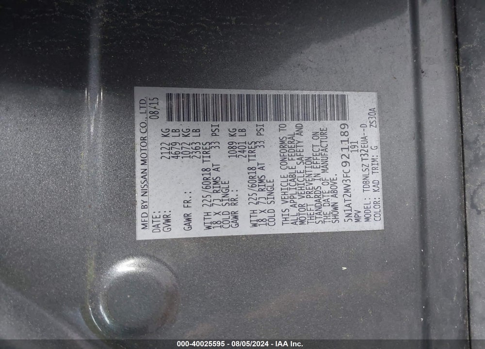 2015 NISSAN ROGUE SL VIN: 5N1AT2MV3FC921189
