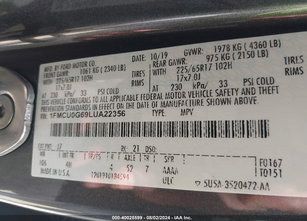 2020 FORD ESCAPE SE VIN: 1FMCU0G69LUA22356
