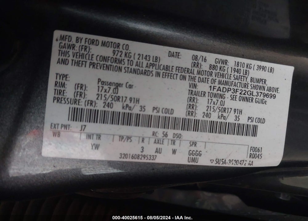 2016 FORD FOCUS SE VIN: 1FADP3F22GL379699