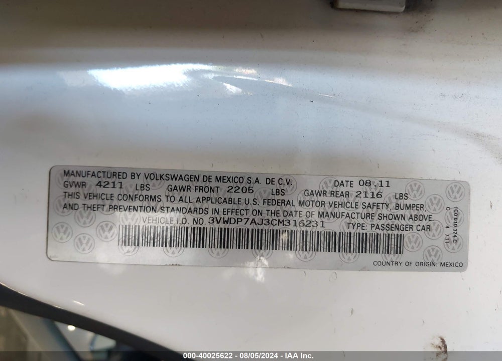 2012 VOLKSWAGEN JETTA 2.5L SE VIN: 3VWDP7AJ3CM316231