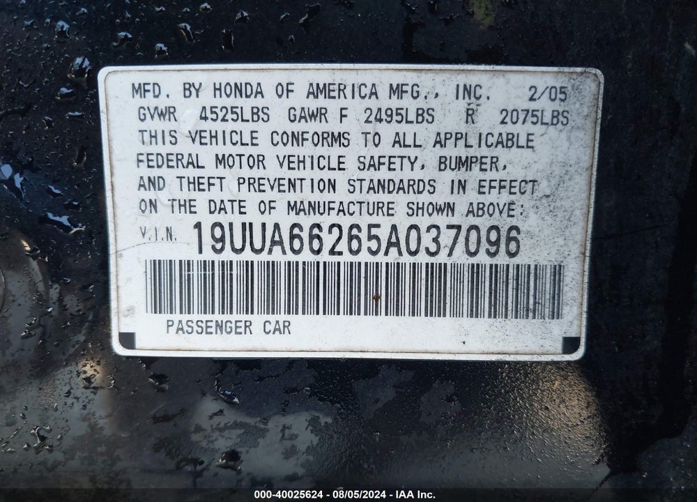 2005 ACURA TL VIN: 19UUA66265A037096