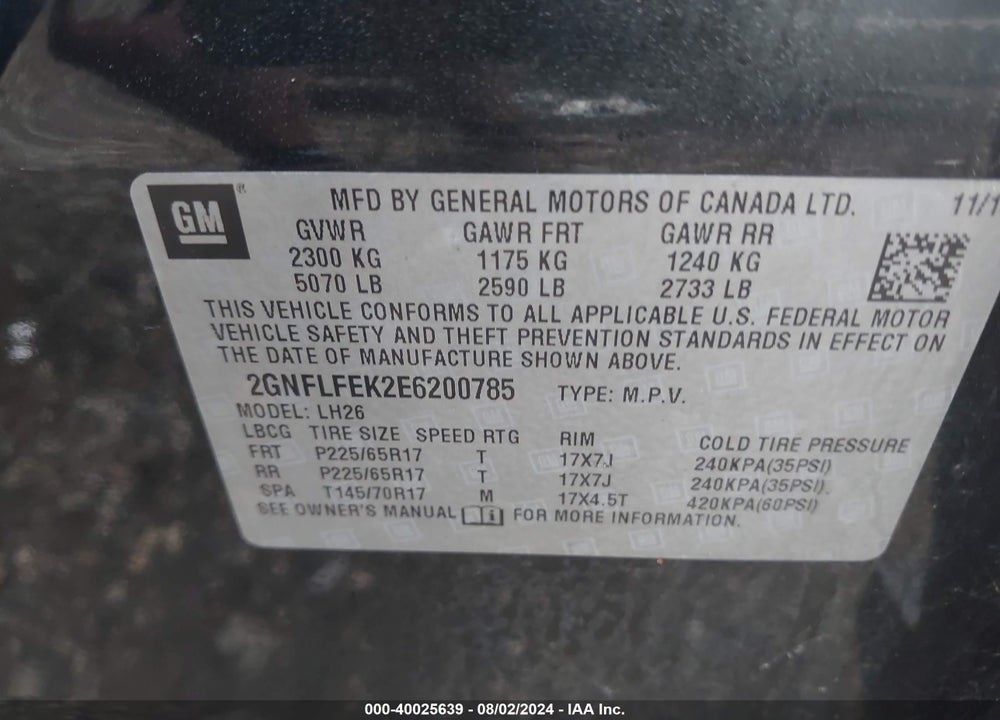 2014 CHEVROLET EQUINOX 1LT VIN: 2GNFLFEK2E6200785