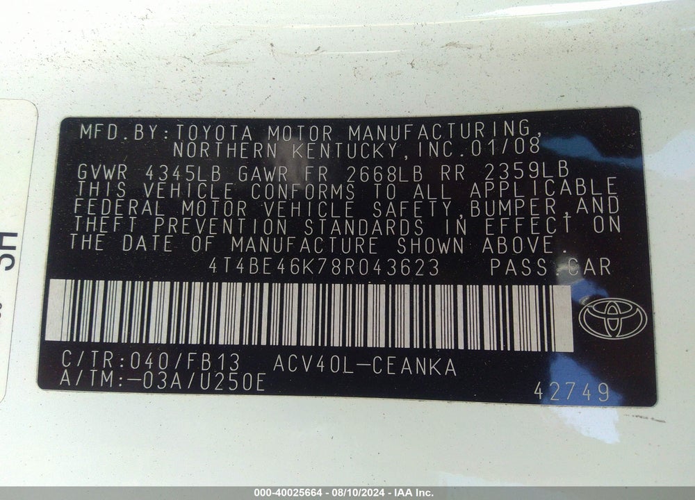 2008 TOYOTA CAMRY LE VIN: 4T4BE46K78R043623