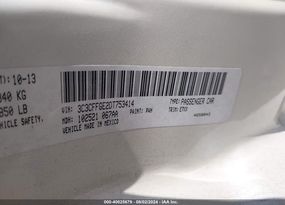 2013 FIAT 500E BATTERY ELECTRIC VIN: 3C3CFFGE2DT753414
