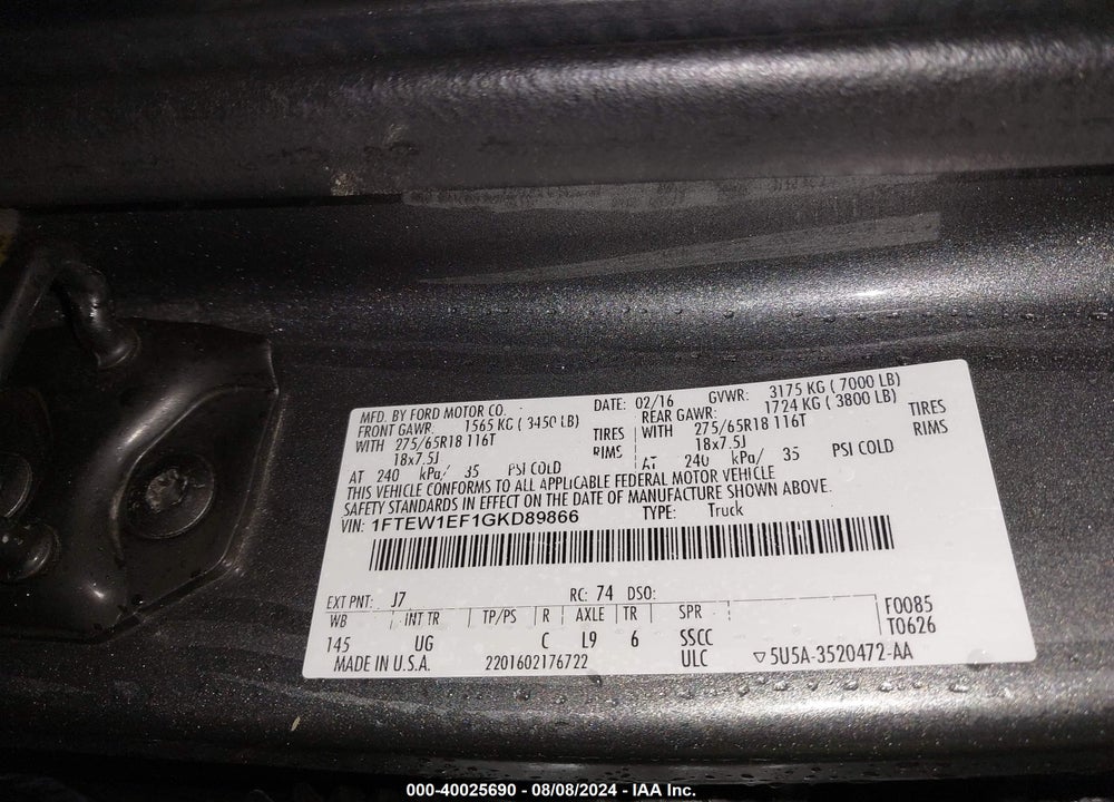 2016 FORD F-150 XLT VIN: 1FTEW1EF1GKD89866