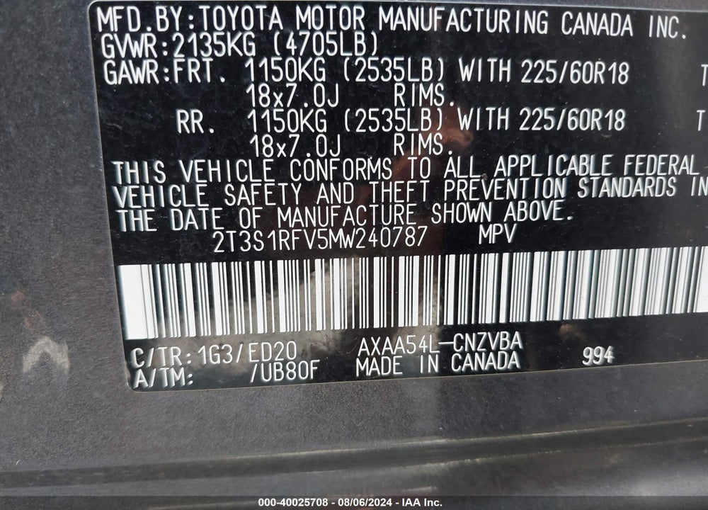2021 TOYOTA RAV4 VIN: 2T3S1RFV5MW240787