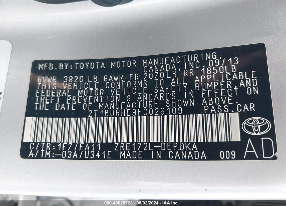 2014 TOYOTA COROLLA L VIN: 2T1BURHE9EC026109