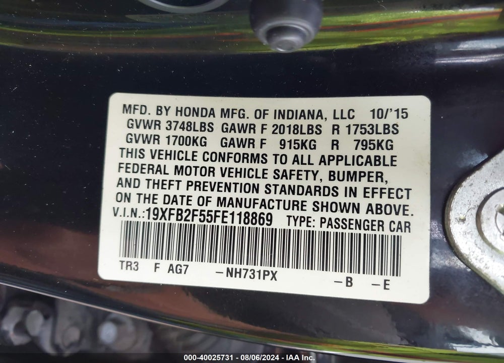 2015 HONDA CIVIC LX VIN: 19XFB2F55FE118869