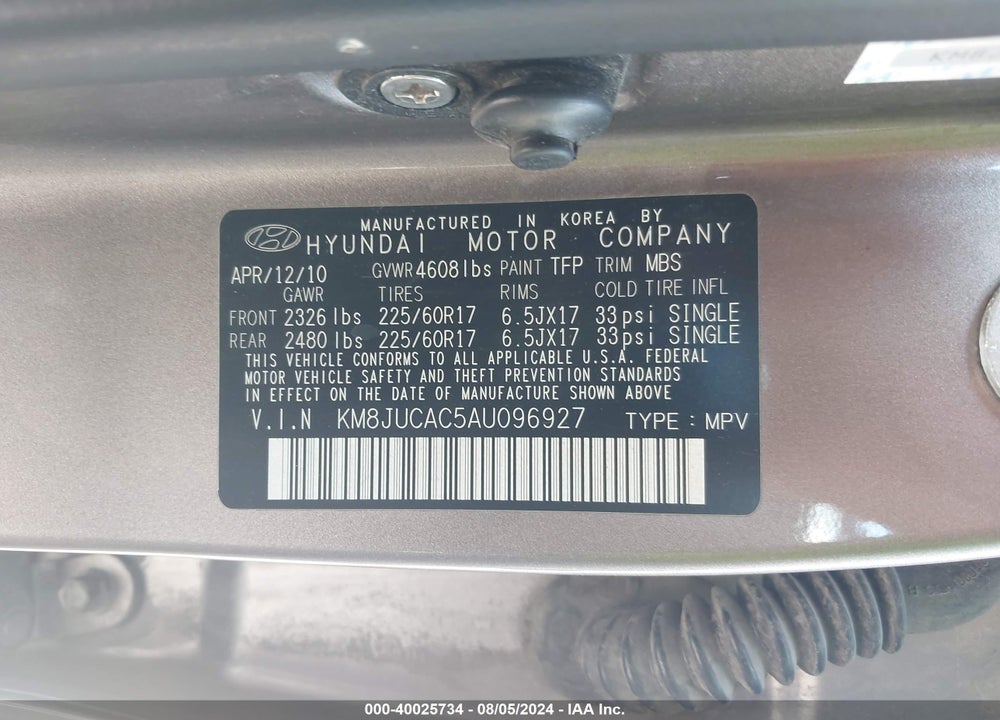 2010 HYUNDAI TUCSON GLS VIN: KM8JUCAC5AU096927